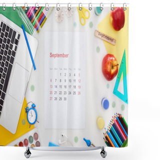 Personality  September Calendar Page, Laptop, Apples, School Supplies, Multicolored Paper, Wooden Block With September Inscription Isolated On White  Shower Curtains