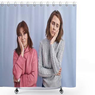 Personality  Mother And Daughter Standing Over Blue Background Thinking Looking Tired And Bored With Depression Problems With Crossed Arms.  Shower Curtains