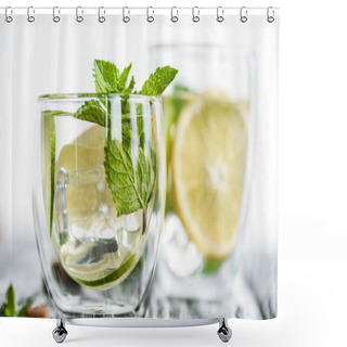 Personality  Selective Focus Of Fresh Cold Mojito Cocktail In Glasses On Wooden Table  Shower Curtains