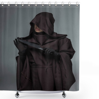 Personality  Woman In Death Costume Holding Knife Isolated On Grey Shower Curtains