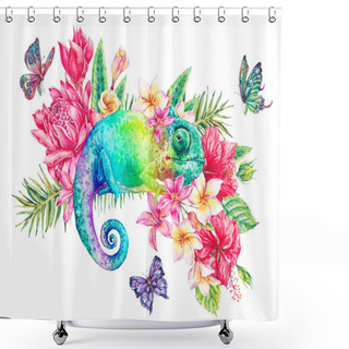 Personality  Watercolor Green Chameleon With Butterflies, Flowers Shower Curtains