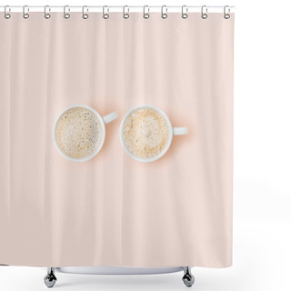 Personality  Set Of Coffee Cups Assortment On Pale Pink Background. Flat Lay, Top View Collection Shower Curtains