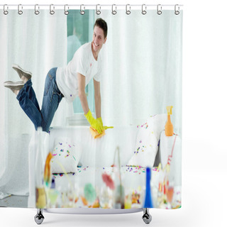 Personality  Man Putting Room In Order After Party Shower Curtains