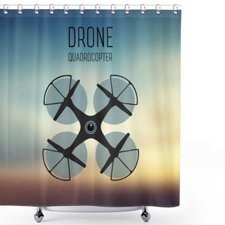 Personality  Drone Quadrocopter. Drone With Action Camera Front View Vector Isolated Sign. Drone Logo, Badge, Emblem And Design Element. Store, Repair & Service Logotype. Vector. Blurred Background Shower Curtains
