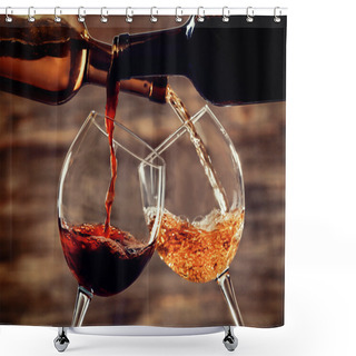 Personality  White And Red Wine Pouring In Glasses On Wooden Background Shower Curtains