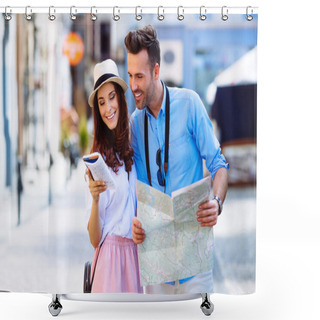 Personality  Young Couple On A Sightseeing Tour Shower Curtains