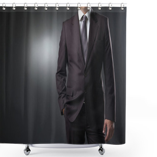 Personality  Businessman In Suit On Gray Background Shower Curtains