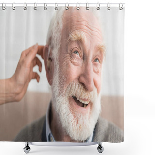 Personality  Woman Hand Helping Grey Haired Man, Wearing Hearing Aid Shower Curtains