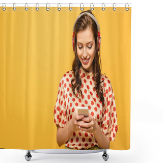 Personality  Cheerful Young Woman In Wireless Headphones Chatting On Smartphone Isolated On Yellow Shower Curtains