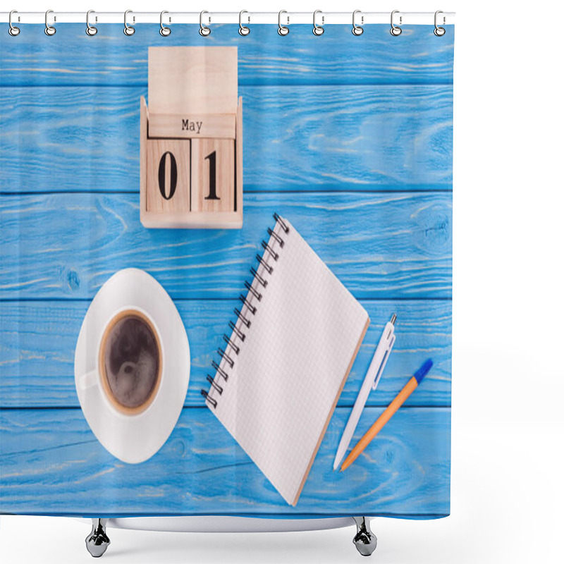 Personality  Top View Of Wooden Calendar With Date Of 1st May, Coffee Cup, Blank Textbook And Pens, International Workers Day Concept  Shower Curtains