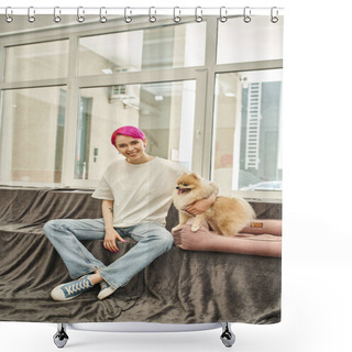Personality  Purple-haired Pet Sitting Smiling At Camera Near Cute Pomeranian Spitz In Soft Dog Bed In Pet Hotel Shower Curtains