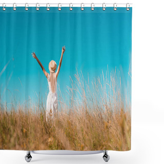 Personality  Back View Of Woman In Straw Hat And White Dress Standing With Raised Hands On Grassy Meadow, Selective Focus Shower Curtains