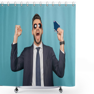 Personality  Excited Businessman In Sunglasses Screaming And Showing Winner Gesture While Holding Passports And Air Tickets Isolated On Blue Shower Curtains