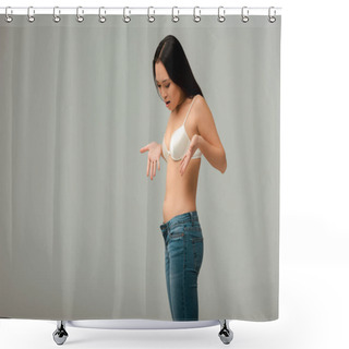Personality  Displeased And Overweight Asian Woman Gesturing And Looking At Jeans Isolated On Grey Shower Curtains