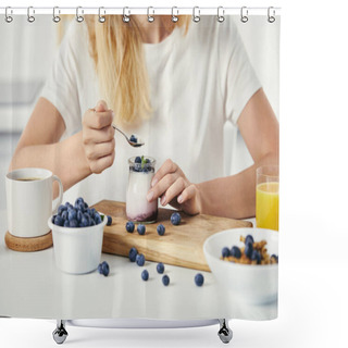 Personality  Cropped Shot Of Woman At Tabletop With Yogurt With Blueberries, Cup Of Coffee And Glass Of Juice For Breakfast Shower Curtains