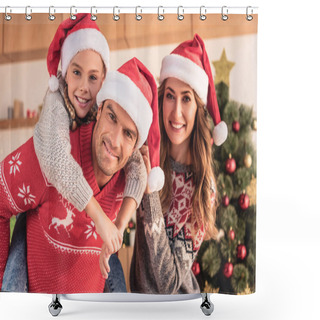 Personality  Father In Santa Hat Giving Piggyback To Daughter And Looking At Camera At Home Shower Curtains