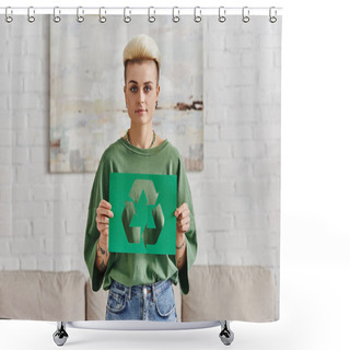 Personality  Young Woman In Stylish Casual Clothes, With Trendy Hairstyle Holding Green Paper Card With Cutout Recycling Symbol And Looking At Camera, Sustainable And Environmentally Conscious Lifestyle Concept Shower Curtains