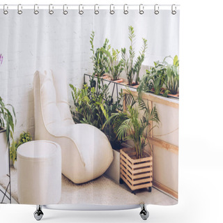 Personality  White Soft Chaise Lounge And Pouf In Room With Lush Green Plants Shower Curtains