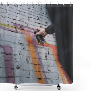 Personality  Cropped View Of Street Artist Painting Colorful Graffiti On Wall Of Building Shower Curtains