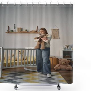 Personality  Frustrated Despondent Woman With Soft Toy Standing Near Crib In Bleak Nursery Room At Home Shower Curtains