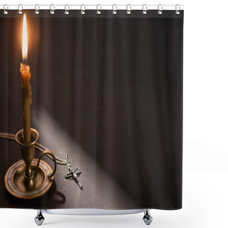 Personality  Church Candle In Candlestick Burning Near Catholic Cross In Dark With Sunlight Shower Curtains