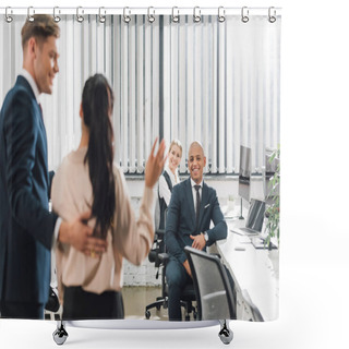 Personality  Smiling Businessman Looking At New Colleague Waving Hand And Greeting Coworkers In Office  Shower Curtains