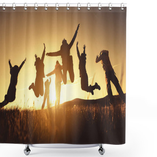 Personality  Big Group Of Friends Jumps And Runs At Sunset Shower Curtains