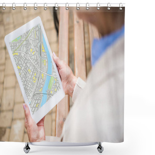 Personality  Selective Focus Of Senior Woman Holding Digital Tablet With Map On Screen Shower Curtains