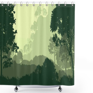 Personality  2d Illustration. Trees In Fog. Deep Forest Haze. Hills Covered By Plants And Foliage. Shrubs And Bushes. Deciduous Wood.  Shower Curtains