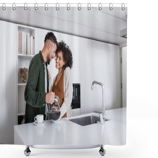 Personality  Happy African American Man Pouring Coffee Near Cheerful Pregnant Wife  Shower Curtains
