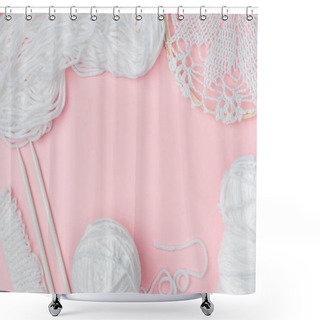 Personality  Top View Of White Yarn And Knitting Needles On Pink Backdrop Shower Curtains