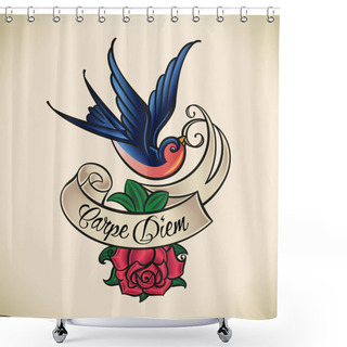 Personality  Swallow And Rose, Old-school Tattoo Shower Curtains