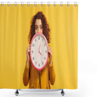 Personality  Curly Woman Covering Face While Holding Clock Isolated On Yellow Shower Curtains