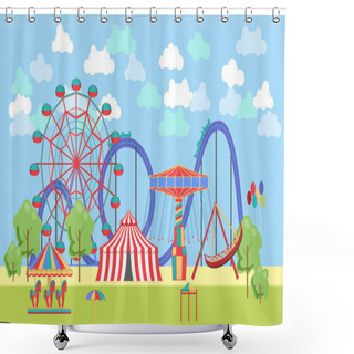 Personality  Amusement Park, Urban Landscape With Carousels, Roller Coaster And Air Balloon. Circus And Carnival Theme Vector Illustration. Shower Curtains