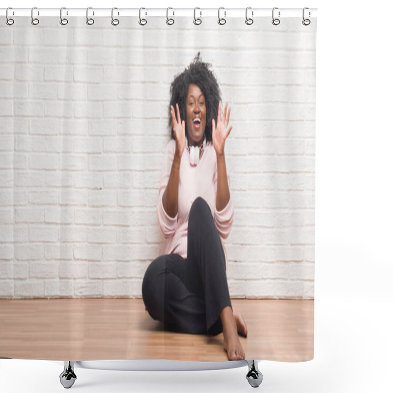 Personality  Young African American Woman Sitting On The Floor Wearing Headphones Celebrating Crazy And Amazed For Success With Arms Raised And Open Eyes Screaming Excited. Winner Concept Shower Curtains