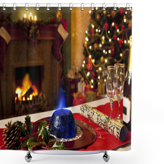 Personality  Christmas Pudding And Festive Fireplace Shower Curtains