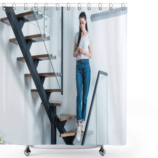 Personality  Woman Using Smartphone While Standing On Stairs At Home Shower Curtains