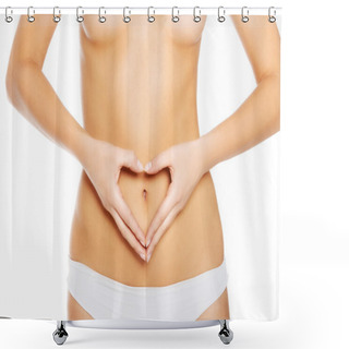 Personality  Slim And Fit Woman Holds Her Hands On Belly. Shower Curtains