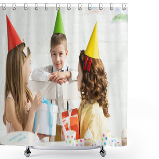 Personality  Adorable Kids In Party Caps Sitting At Table With Gift Boxes During Birthday Party At Home Shower Curtains
