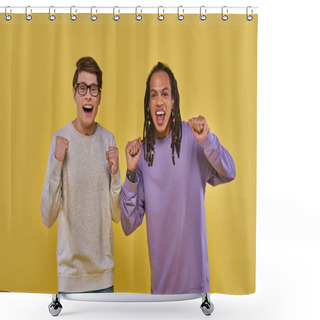 Personality  Cheerful Young Friends In Casual Attire Smiling Sincerely With Their Fists Up, Cultural Diverse Shower Curtains