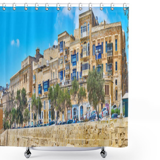 Personality  VALLETTA, MALTA - JUNE 17, 2018: Panorama Of The Old Edifices In Lvant Street With The Huge City Rampart On The Foreground, On June 17 In Valletta. Shower Curtains