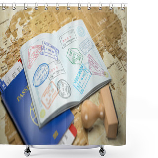 Personality  Opened Passport With Visa Stamps With Airline Boarding Pass Tickets On The World Map. Travel Or Turism Concept.  3d Illustration Shower Curtains