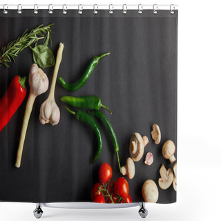 Personality  Top View Of Ripe Cherry Tomatoes, Garlic, Rosemary, Basil Leaves, Green Chili Peppers And Mushrooms On Black Shower Curtains