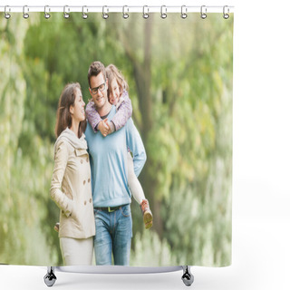 Personality  Happy Family Of Three Having Fun Outdoor. Shower Curtains