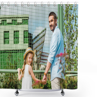 Personality  Cheerful Father And Kid Holding Hands And Looking At Camera Near Cage With Leopard In Zoo  Shower Curtains