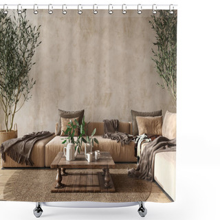 Personality  Scandinavian Farmhouse Style Beige Living Room Interior With Natural Wooden Furniture. Mock Up Plaster Wall Background. 3d Render Illustration. Shower Curtains