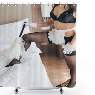 Personality  Cropped View Of Sexy Maid In Stockings, Apron And White Gloves Holding Duster On Bed Shower Curtains