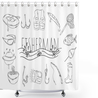 Personality  A Large Collection Of Linear Manual Icons For Fishing. Vector Shower Curtains
