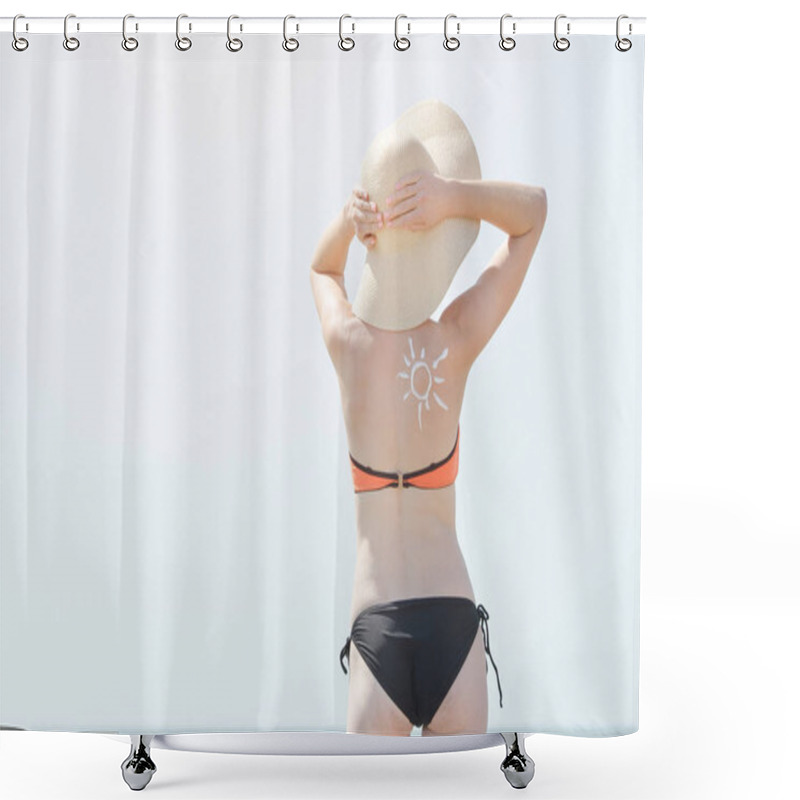 Personality  Girl in a hat against the sky. Picture of the sun on the back shower curtains