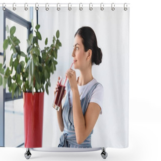 Personality  Thoughtful Woman With Detox Drink Shower Curtains